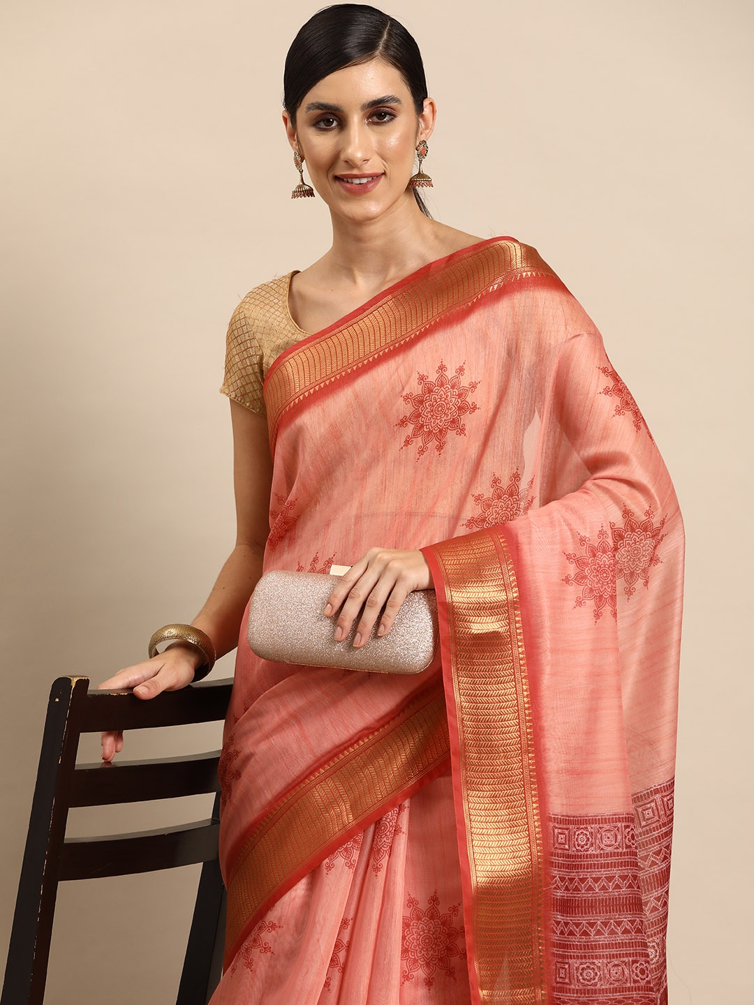 

Silk Land Ethnic Motifs Printed Zari Block Print Saree, Pink
