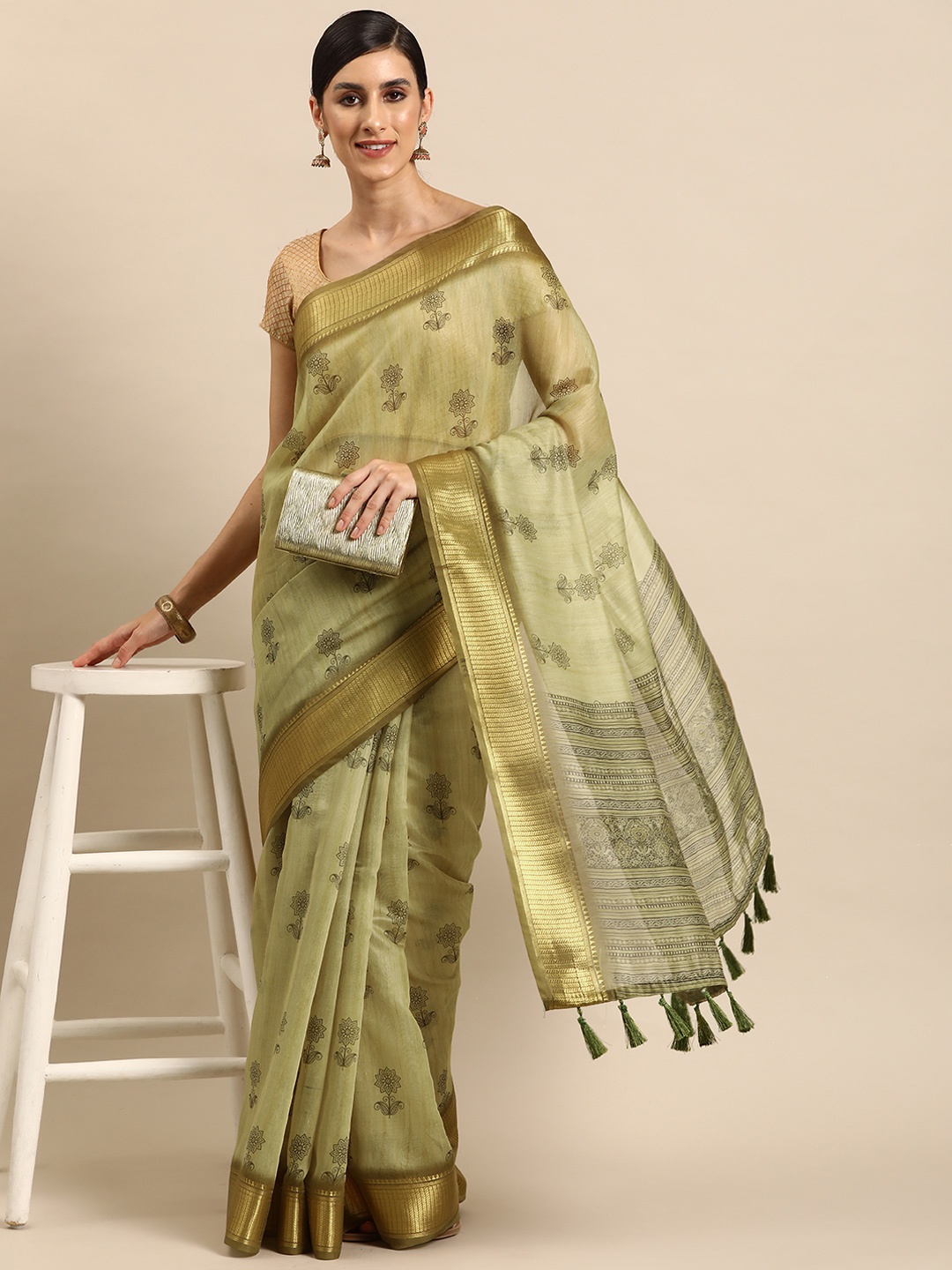

Silk Land Ethnic Motifs Digital Print Saree, Green