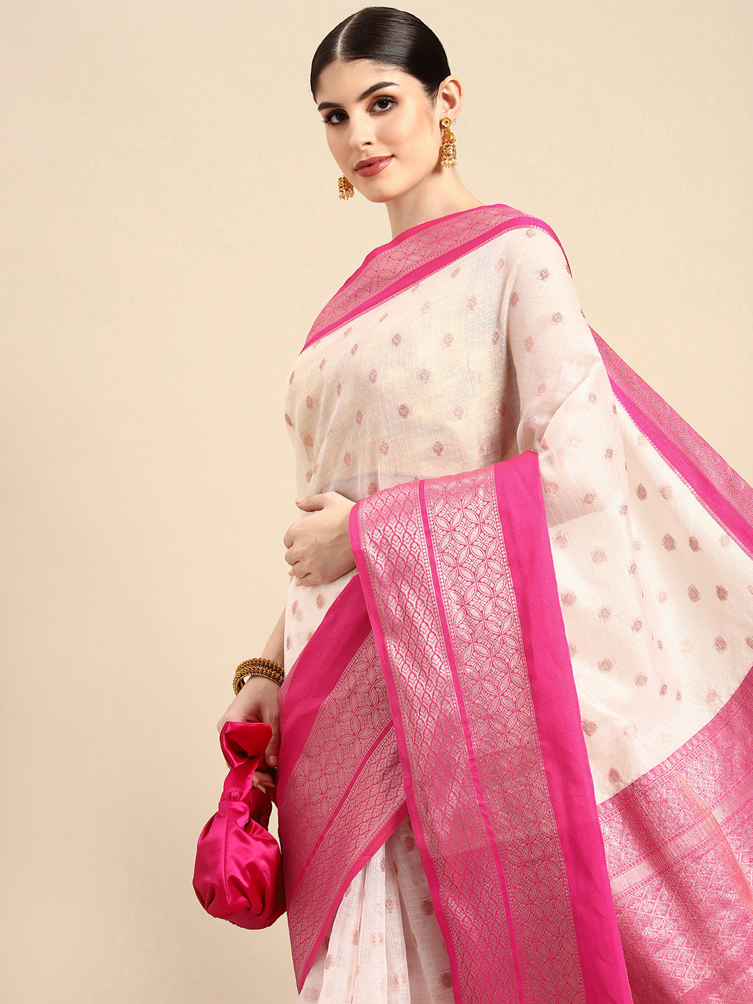 

Silk Land Polka Dot Zari Silk Cotton Kasauv Saree, White