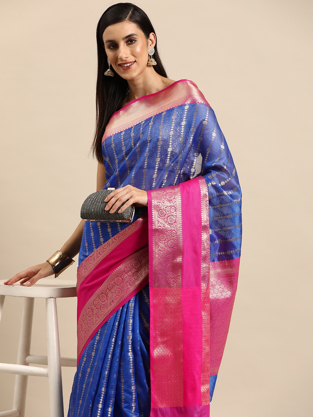 

Silk Land Striped Zari Kanjeevaram Saree, Blue