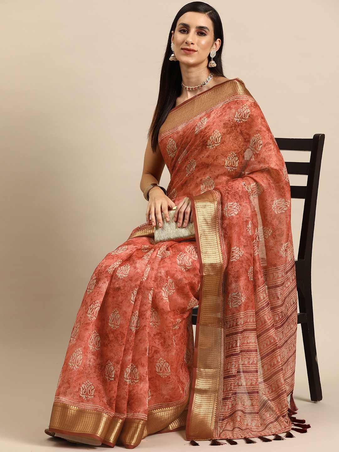 

Silk Land Ethnic Motifs Printed Zari Saree, Rust