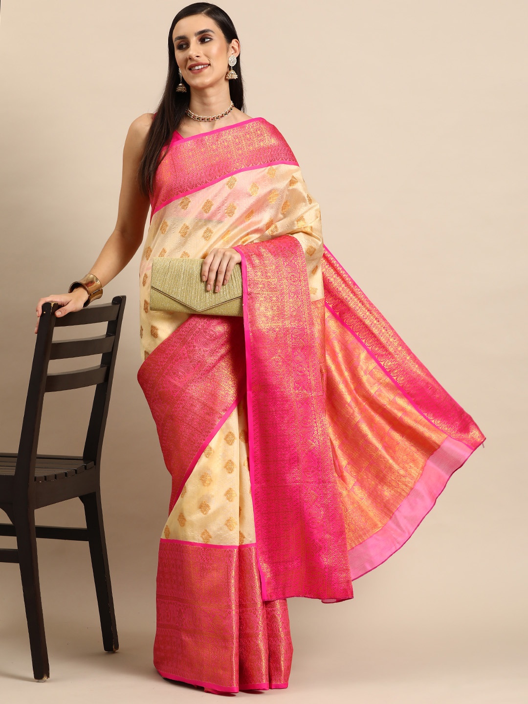 

Silk Land Ethnic Motifs Zari Kasauv Saree, Beige