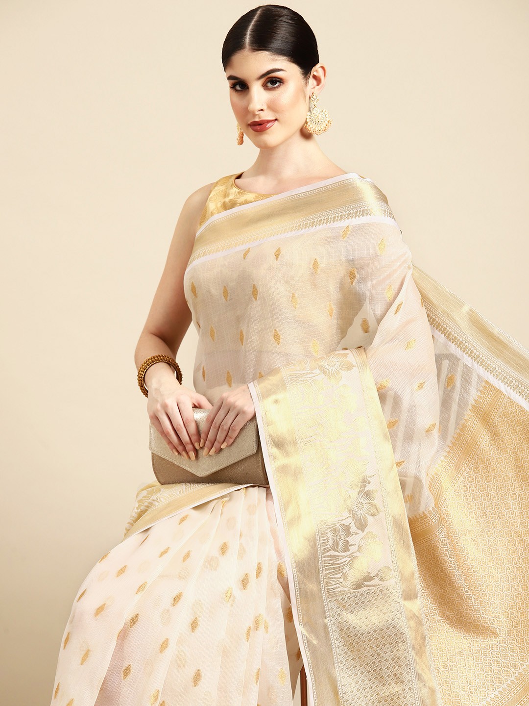 

Silk Land Zari Silk Cotton Kasauv Saree, Beige