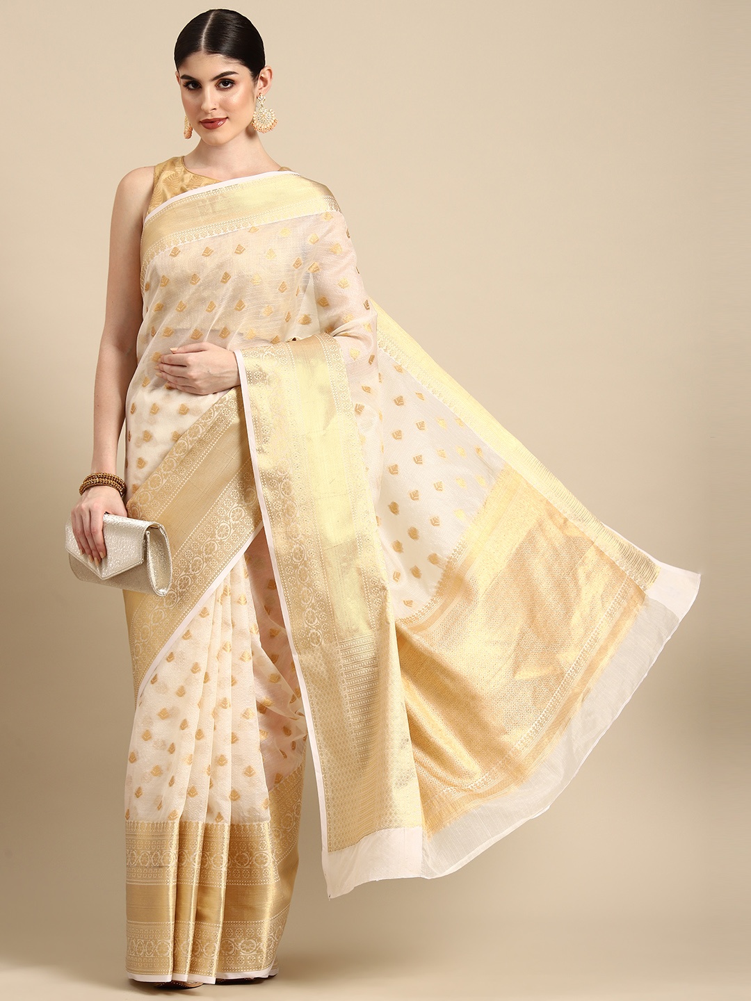 

Silk Land Ethnic Motifs Zari Silk Cotton Kasavu Saree, Off white