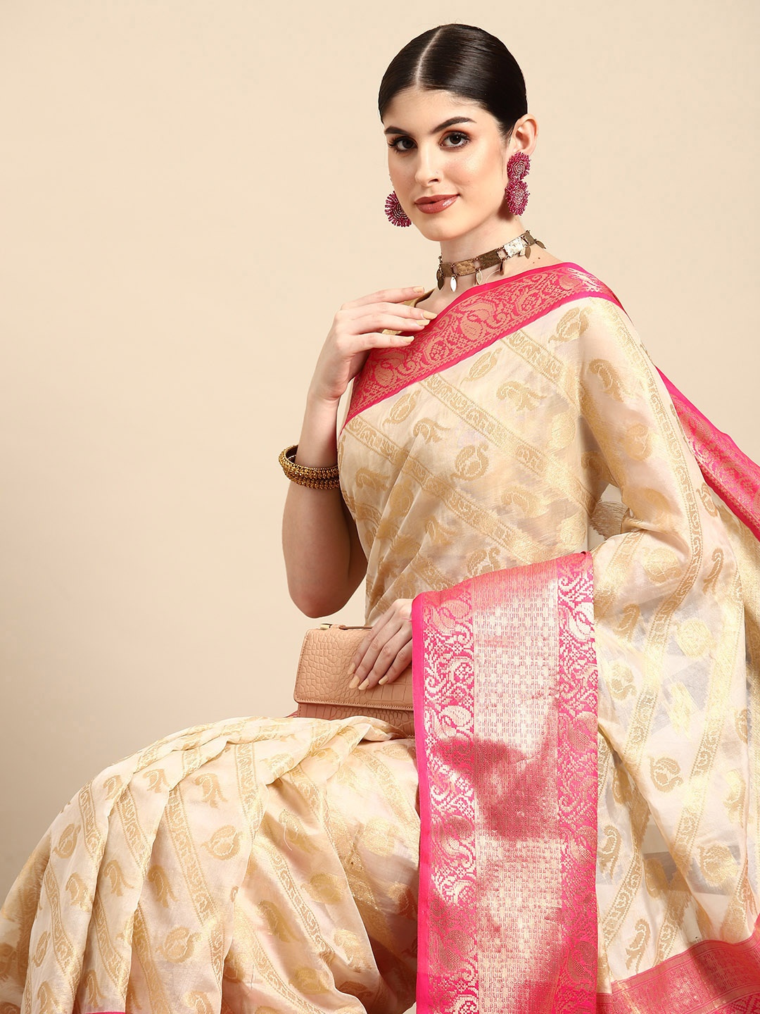 

Silk Land Ethnic Motifs Zari Silk Cotton Kasavu Saree, Beige