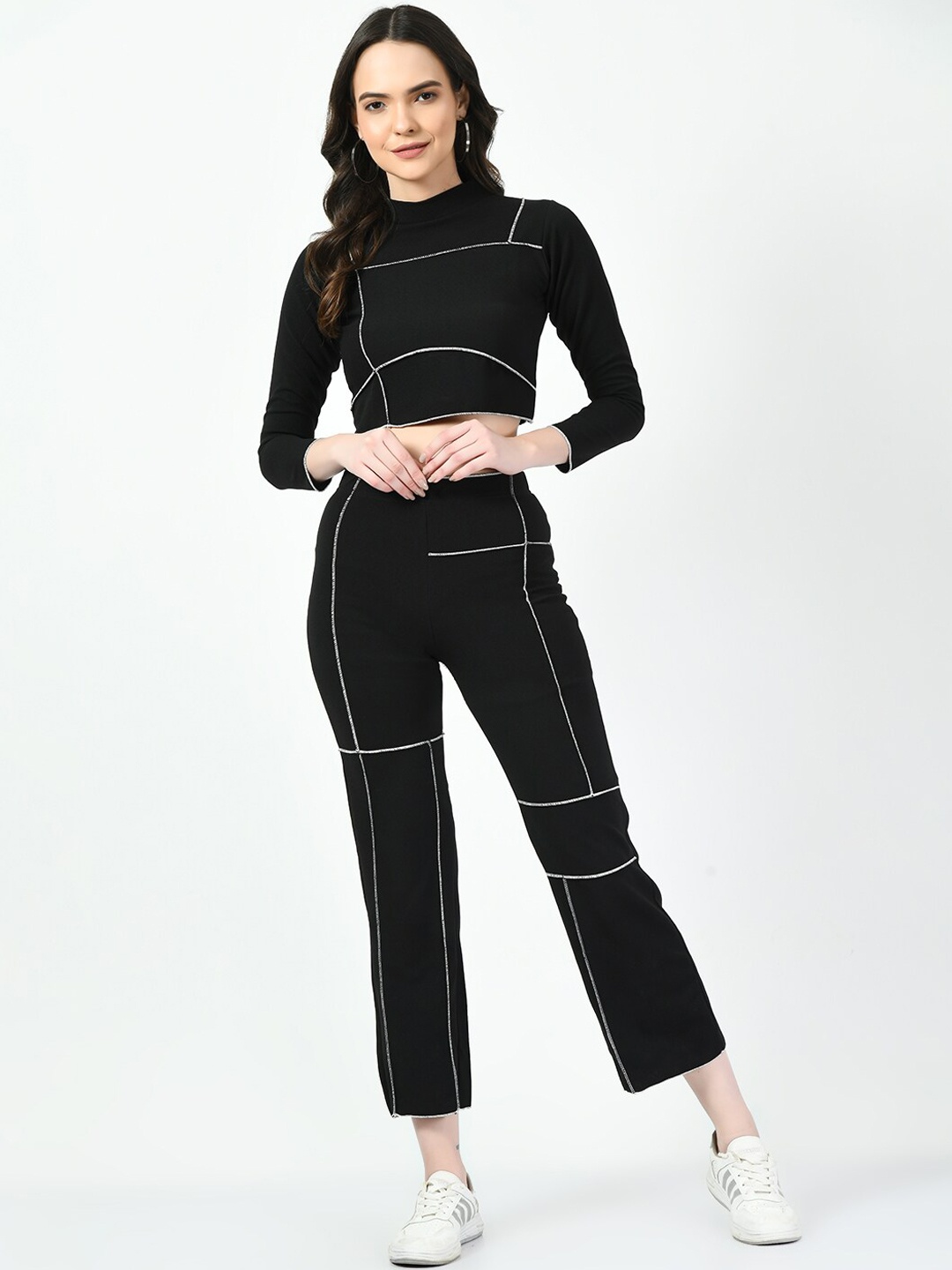 

CLAFOUTIS Self Designed Crop Top & Trousers Co-Ord Set, Black