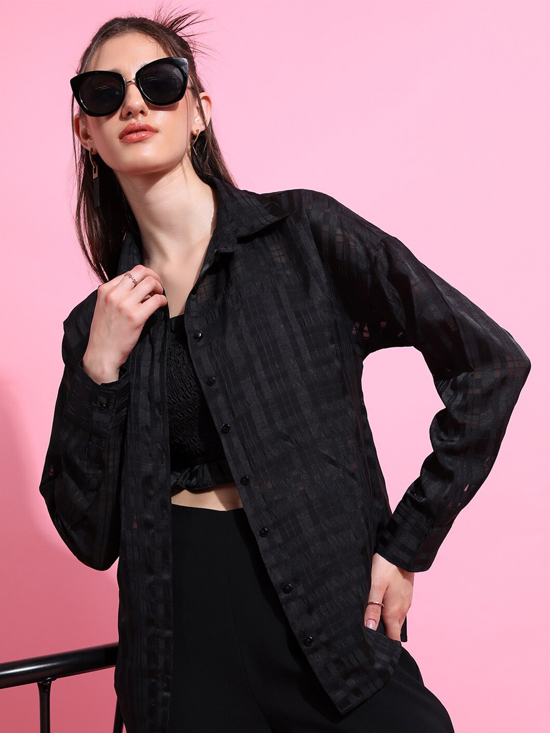 

Tokyo Talkies Smocked Tube Top With Drop Shoulder Sleeves Shirt, Black