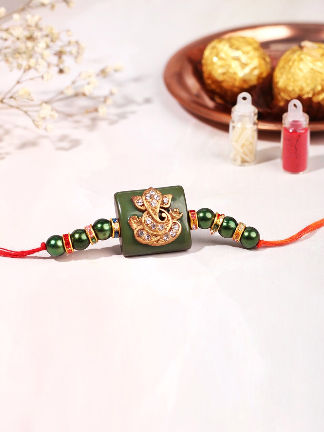 

Happening Hippo Lord Ganesha Designer Rakhi With Roli Chawal, Green