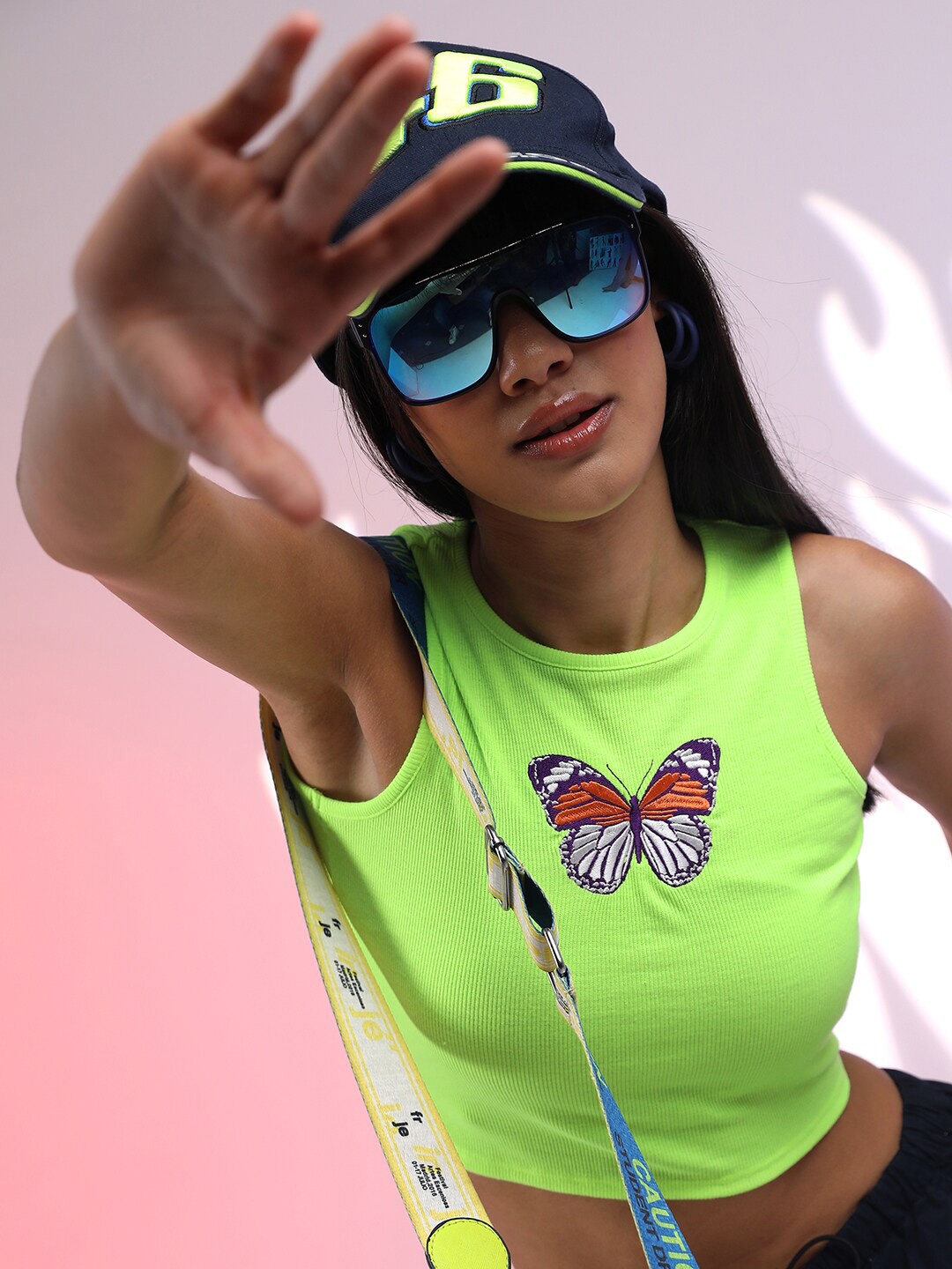 

Tokyo Talkies Green Embroidered Round Neck Tank Crop Top