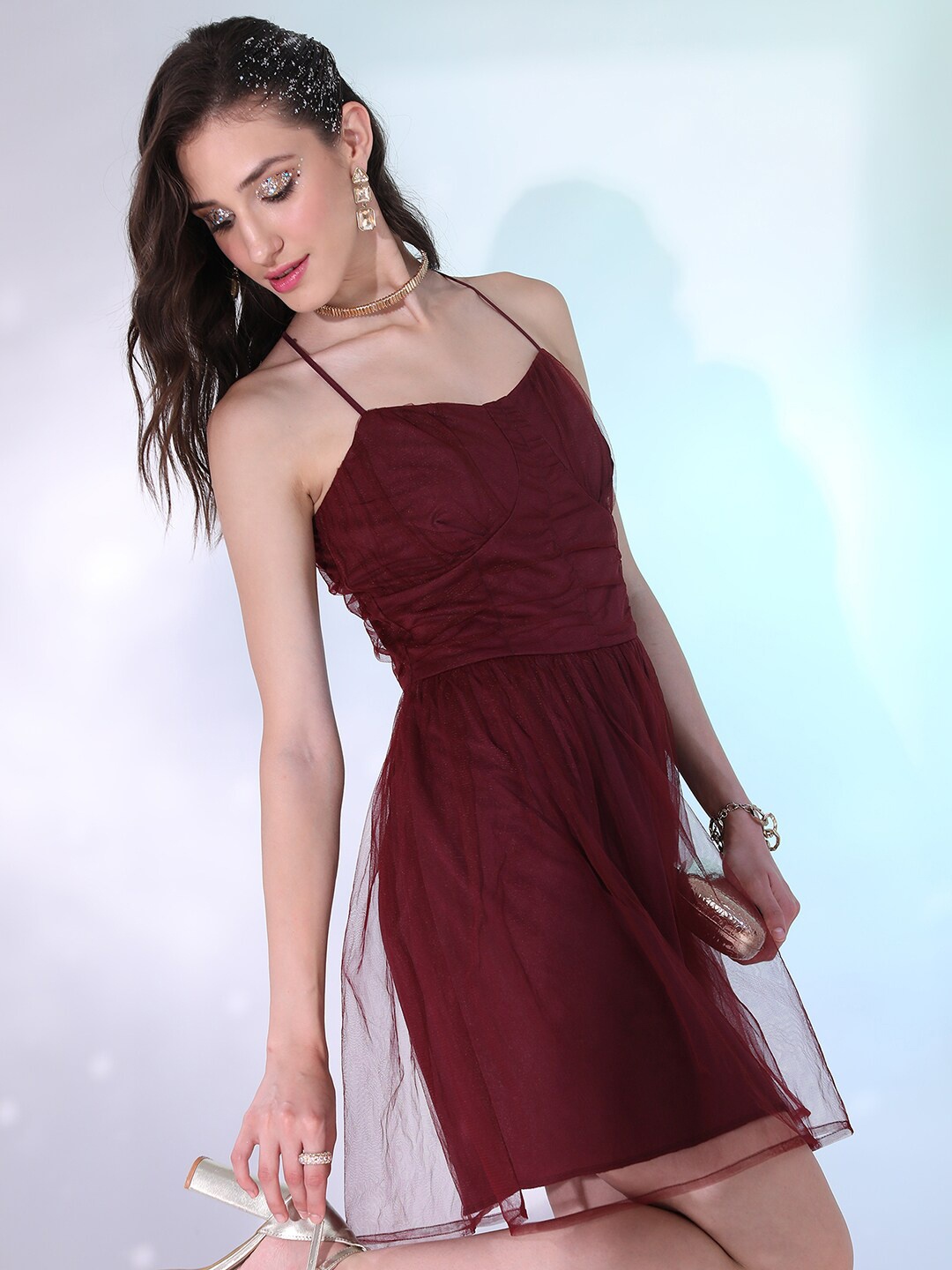 

Tokyo Talkies Shoulder Strap Pleated Fit & Flare Mini Dress, Burgundy