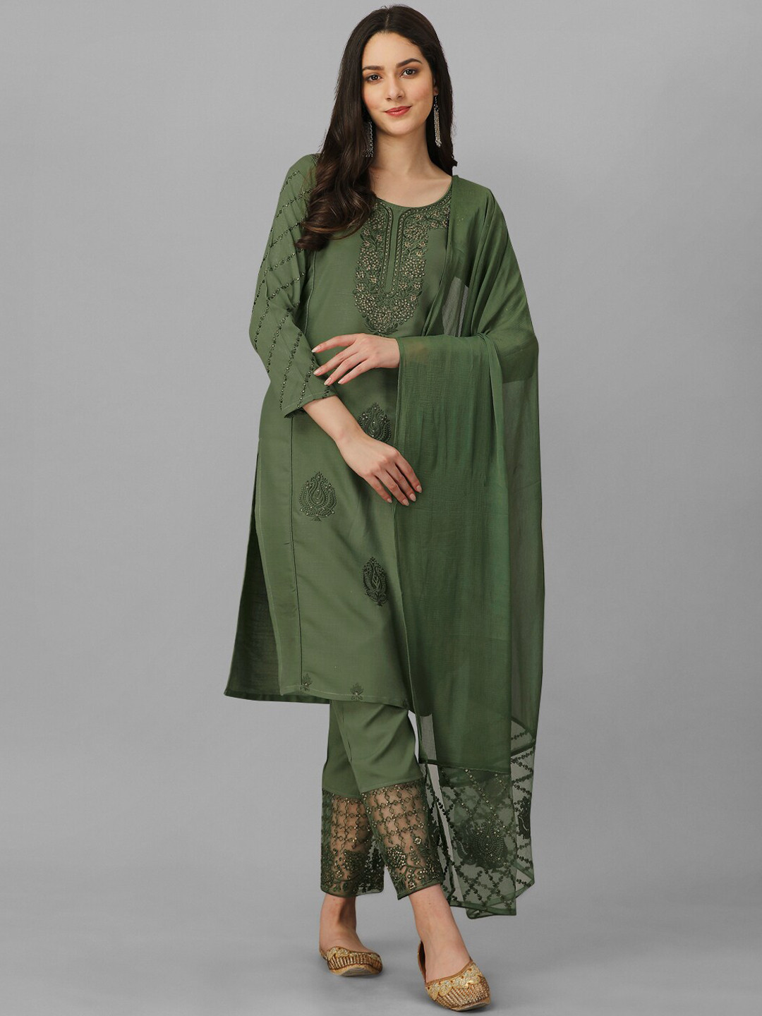 

Nivah Fashion Ethnic Motifs Embroidered Thread Work Kurti with Trousers & With Dupatta, Green