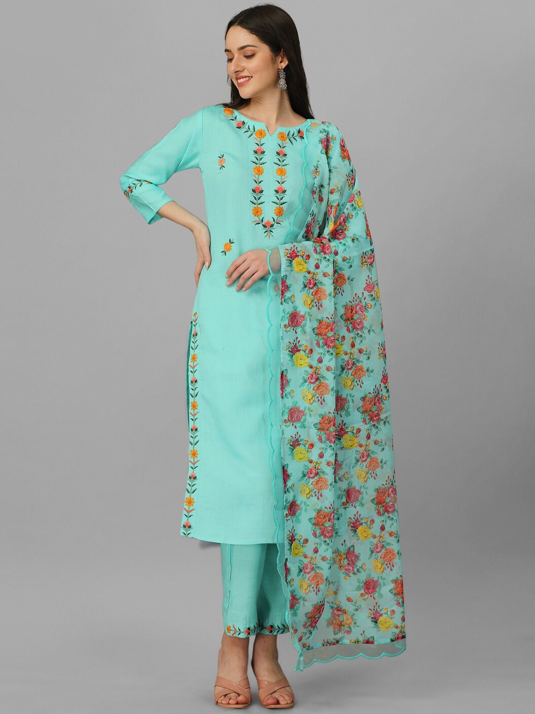 

Nivah Fashion Floral Embroidered Pure Cotton Kurti with Trousers & With Dupatta, Turquoise blue