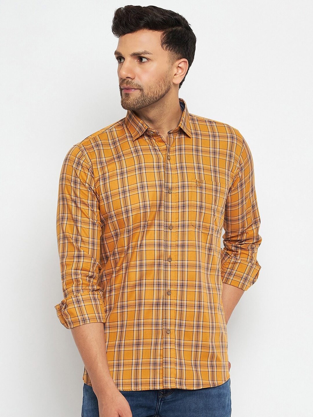 

Duke Slim Fit Tartan Checked Cotton Casual Shirt, Yellow