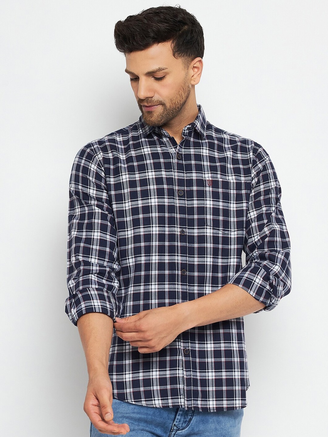 

Duke Slim Fit Tartan Checks Cotton Casual Shirt, Blue