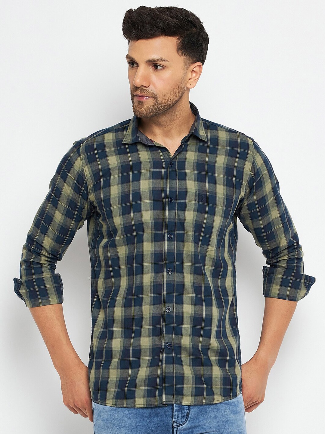 

Duke Slim Fit Tartan Checks Cotton Casual Shirt, Blue