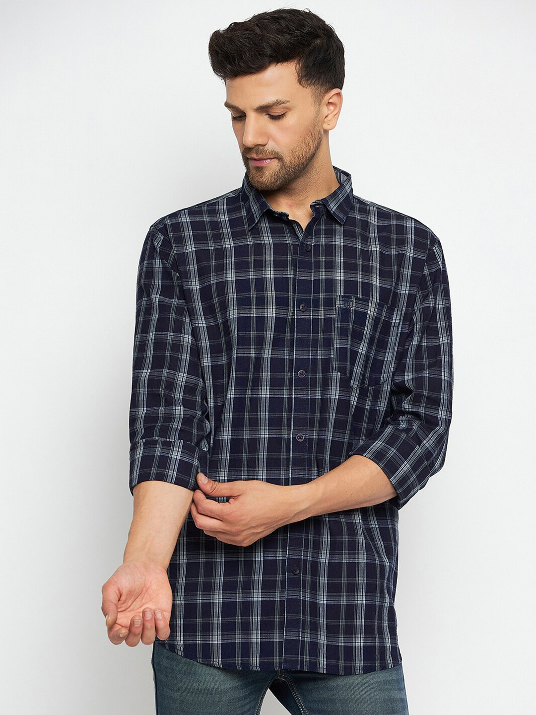 

Duke Slim Fit Tartan Checks Cotton Casual Shirt, Blue