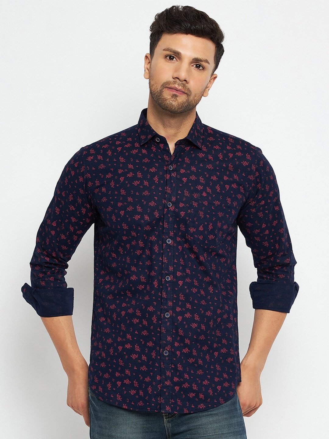 

Duke Slim Fit Floral Printed Cotton Casual Shirt, Navy blue