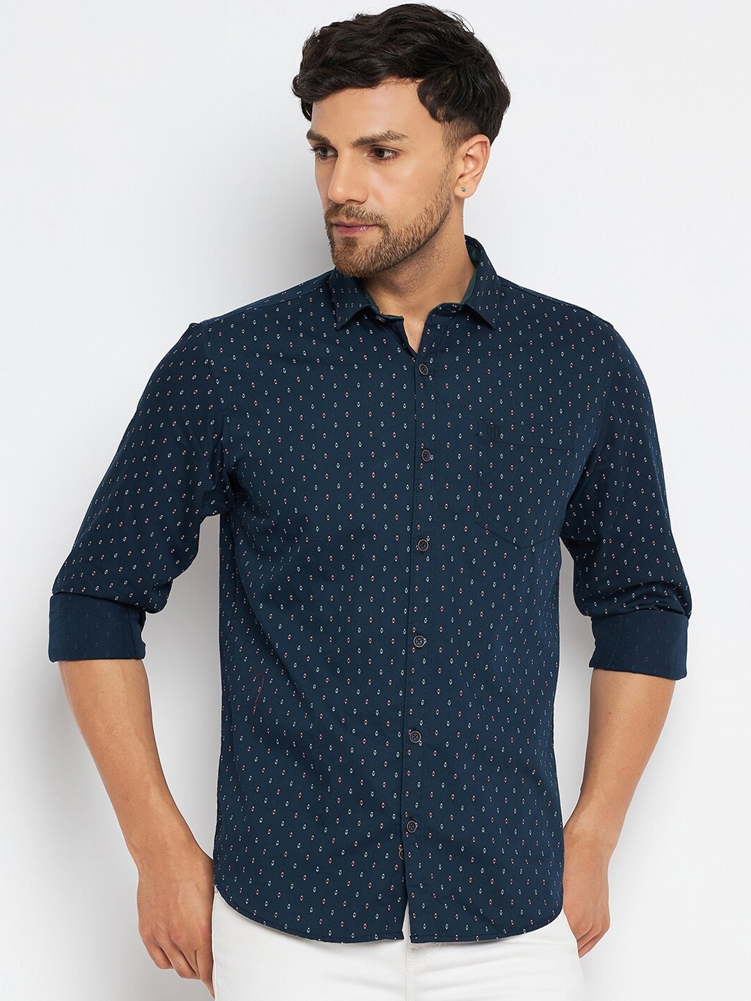 

Duke Slim Fit Micro Ditsy Printed Cotton Casual Shirt, Blue