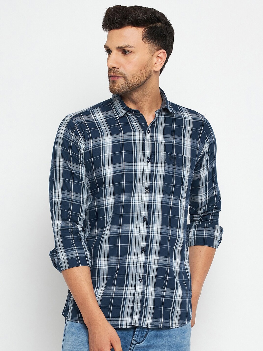 

Duke Slim Fit Tartan Checks Cotton Casual Shirt, Blue