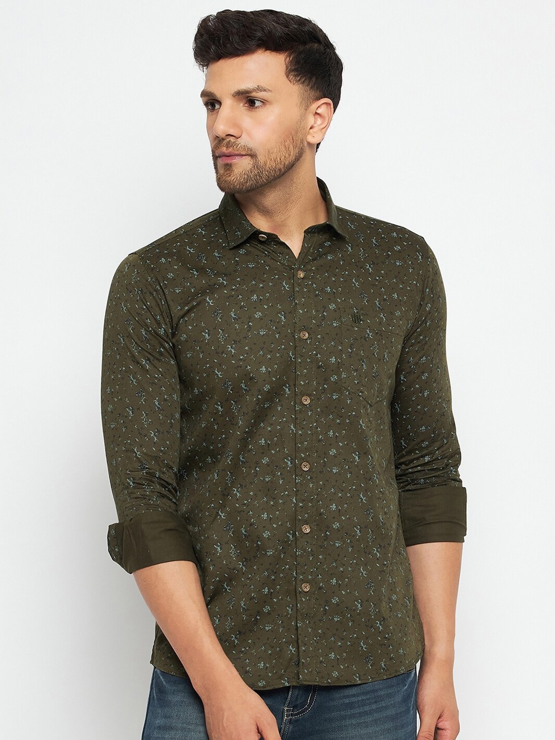 

Duke Slim Fit Floral Printed Cotton Casual Shirt, Green