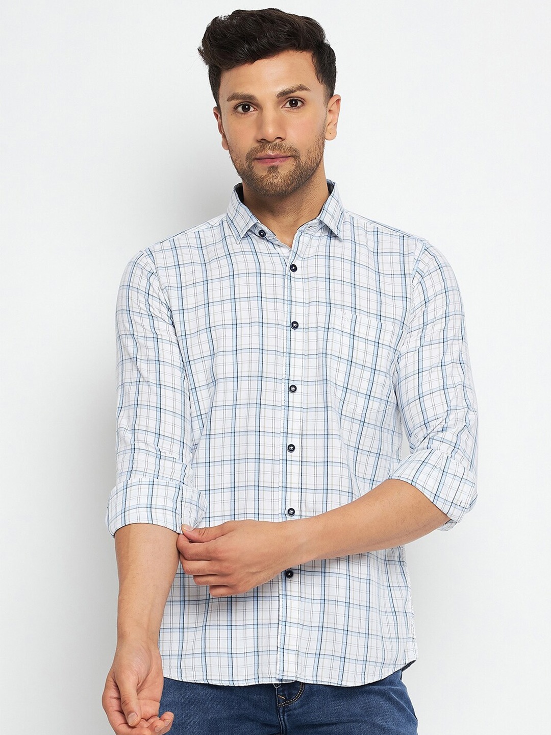 

Duke Slim Fit Tartan Checks Cotton Casual Shirt, White
