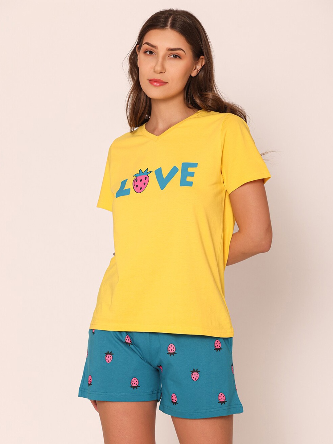 

Bonjour Typography Printed Shorts Lounge Wear Set, Yellow