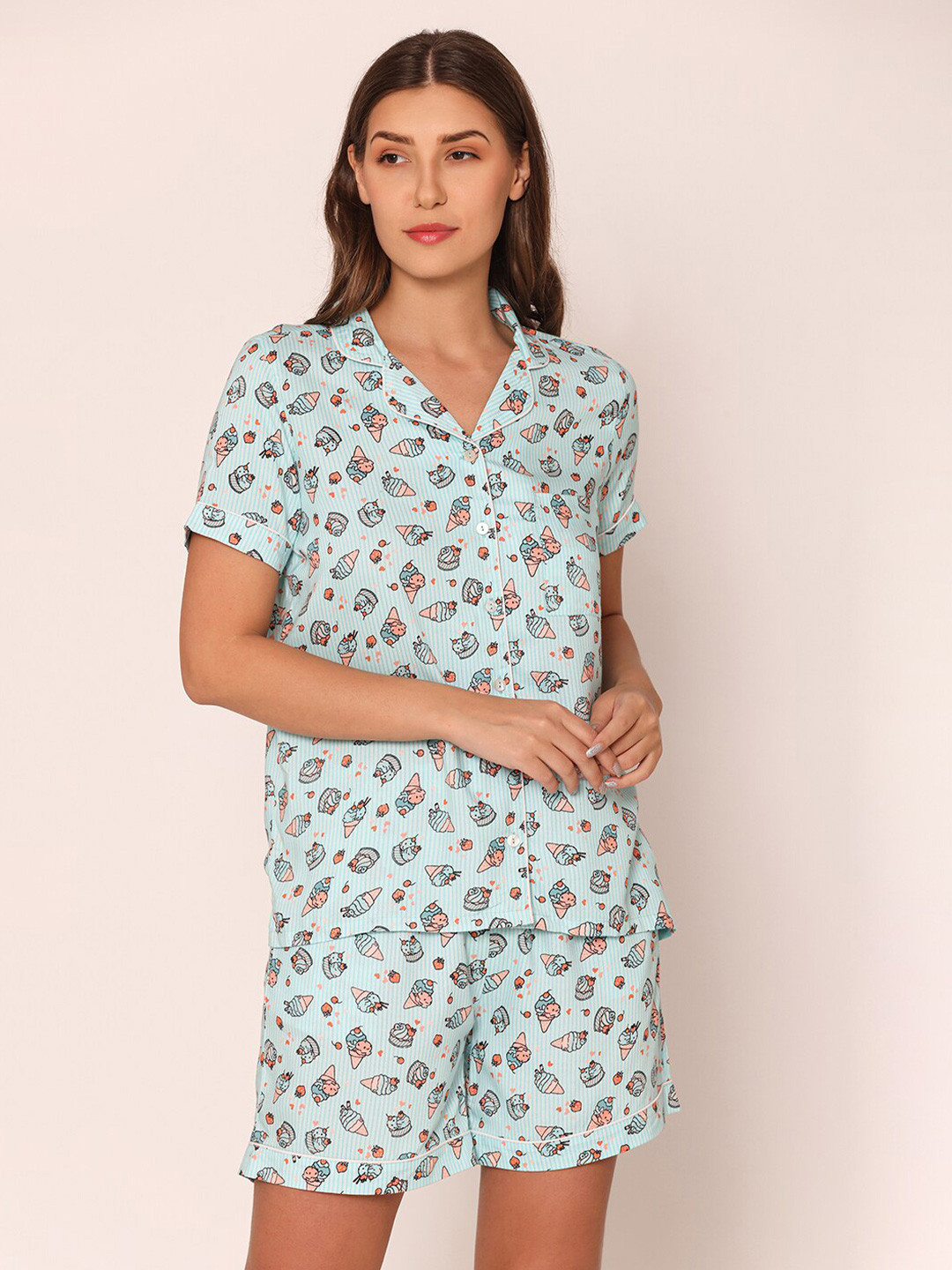 

Bonjour Shirt Collar Conversational Printed Pure Cotton Night suit, Blue