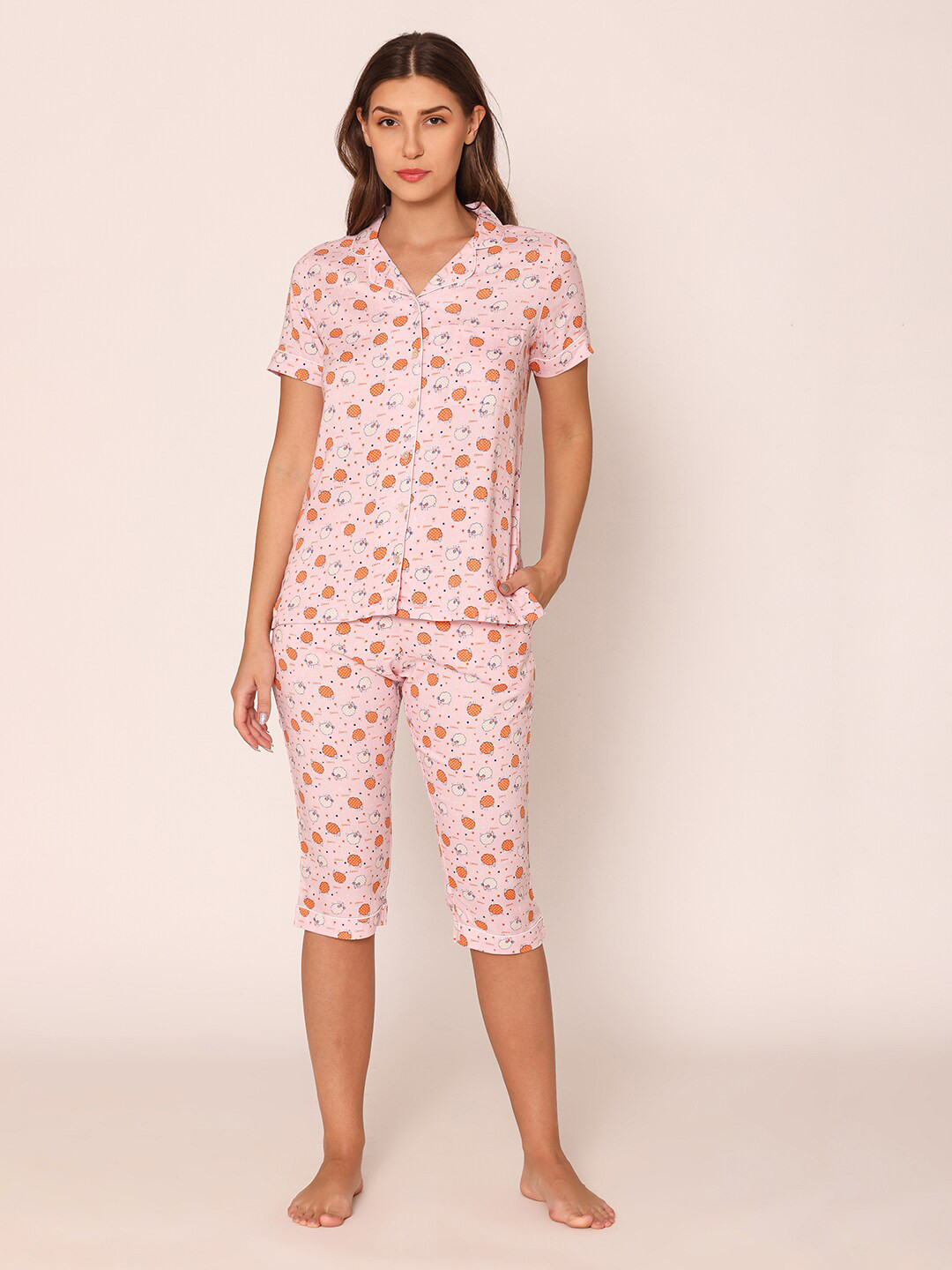 

Bonjour Women Pure Cotton Printed Capri Set, Pink