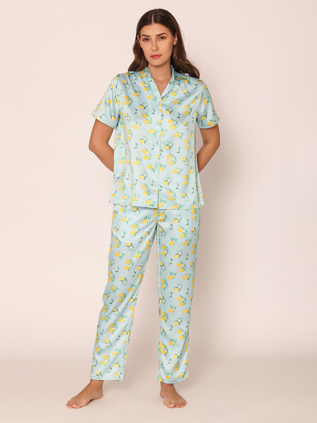 

Bonjour Conversational Printed Lapel Collar Satin Night suit, Green