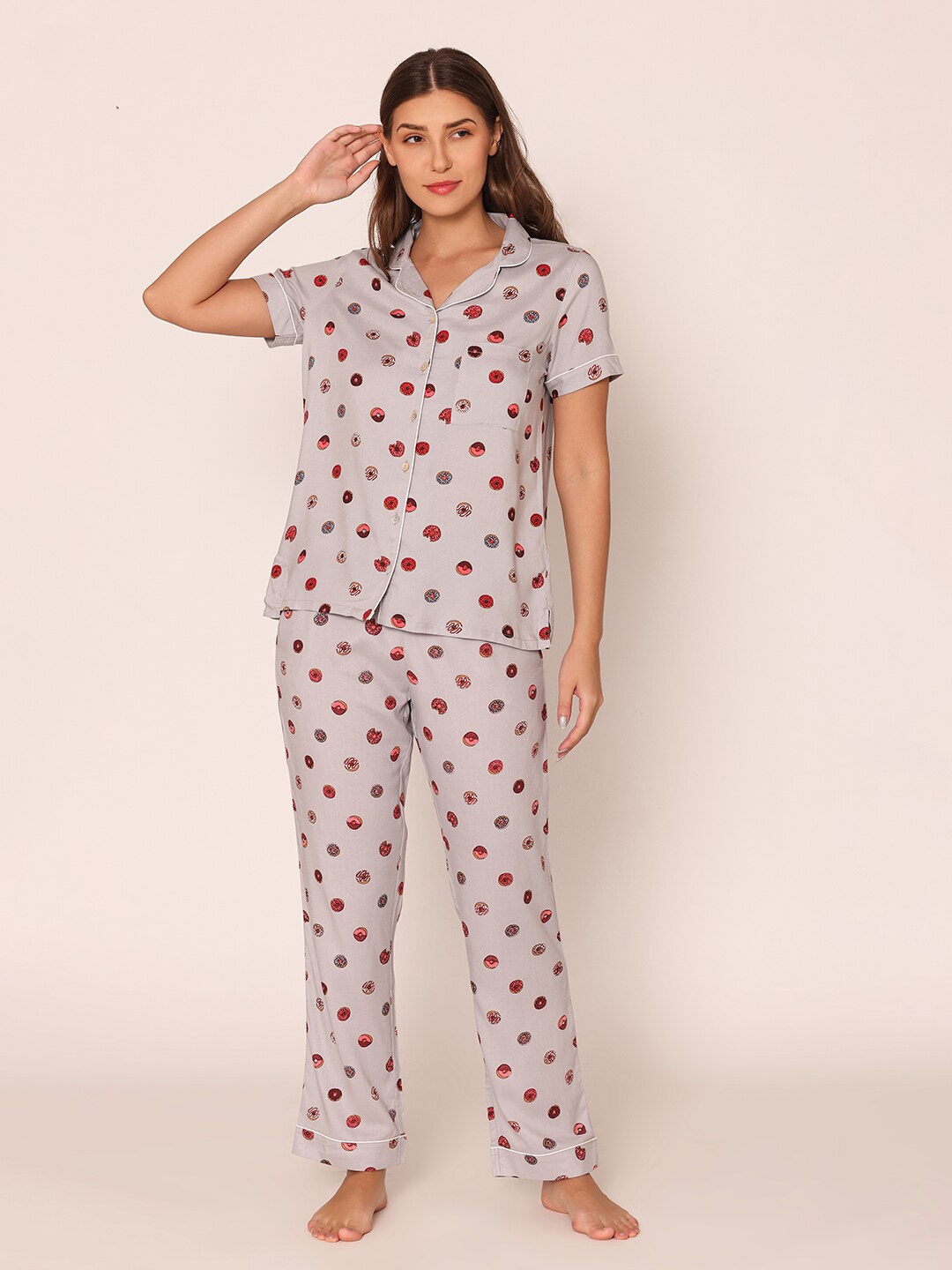 

Bonjour Shirt Collar Conversational Printed Pure Cotton Night suit, Grey