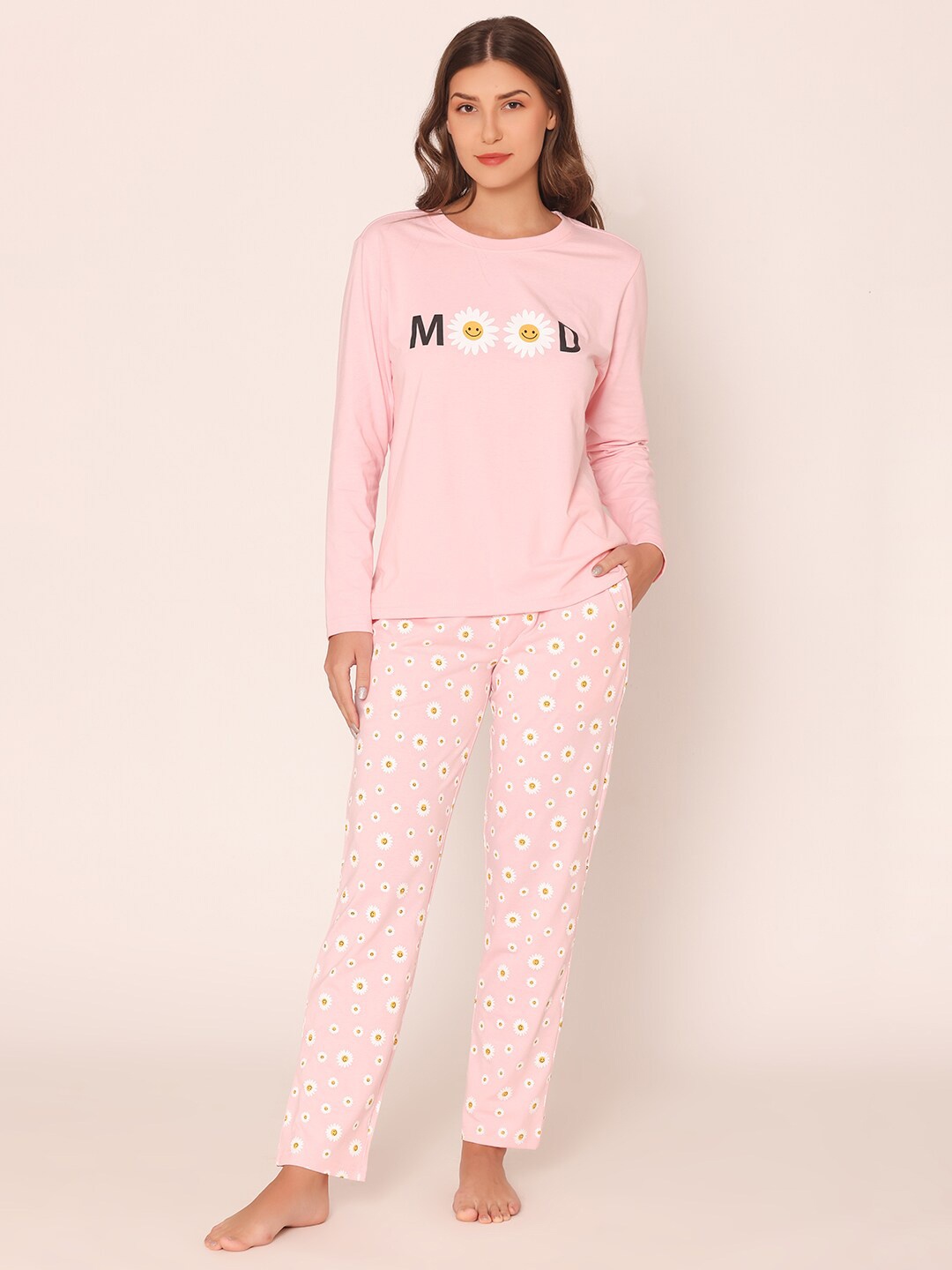 

Bonjour Printed Round Neck Night Suit, Pink