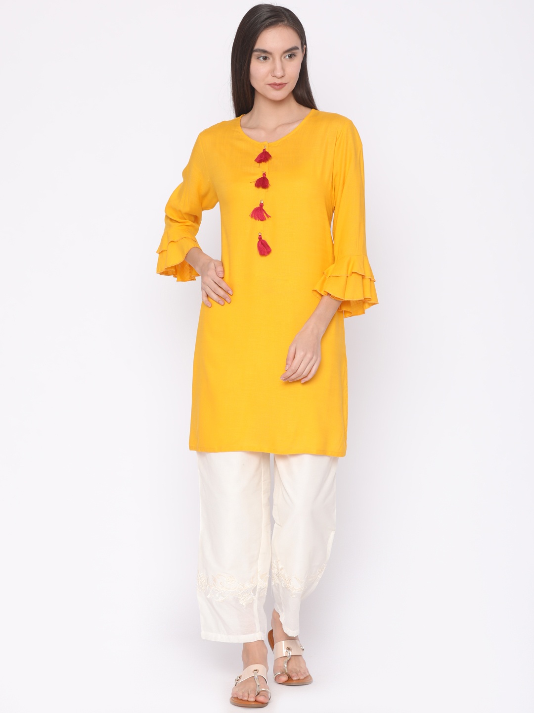 

AKKRITI BY PANTALOONS Yellow Tasseled Solid Tunic