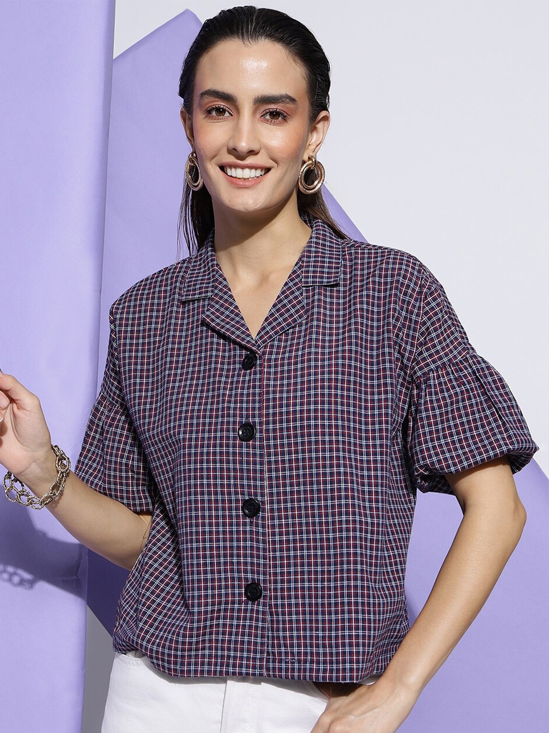 

J Turritopsis Checked Lapel Collar Puff Sleeves Oversized Shirt Style Top, Navy blue