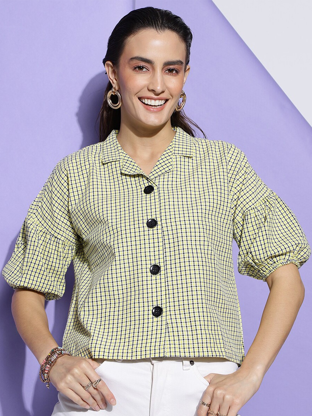 

J Turritopsis Checked Lapel Collar Puff Sleeves Oversized Shirt Style Top, Yellow