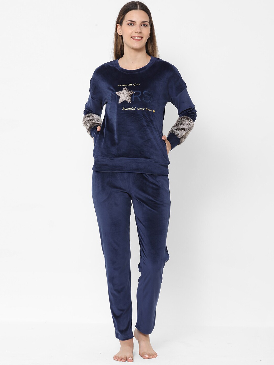 

Sweet Dreams Navy Blue Typography Printed Night Suits