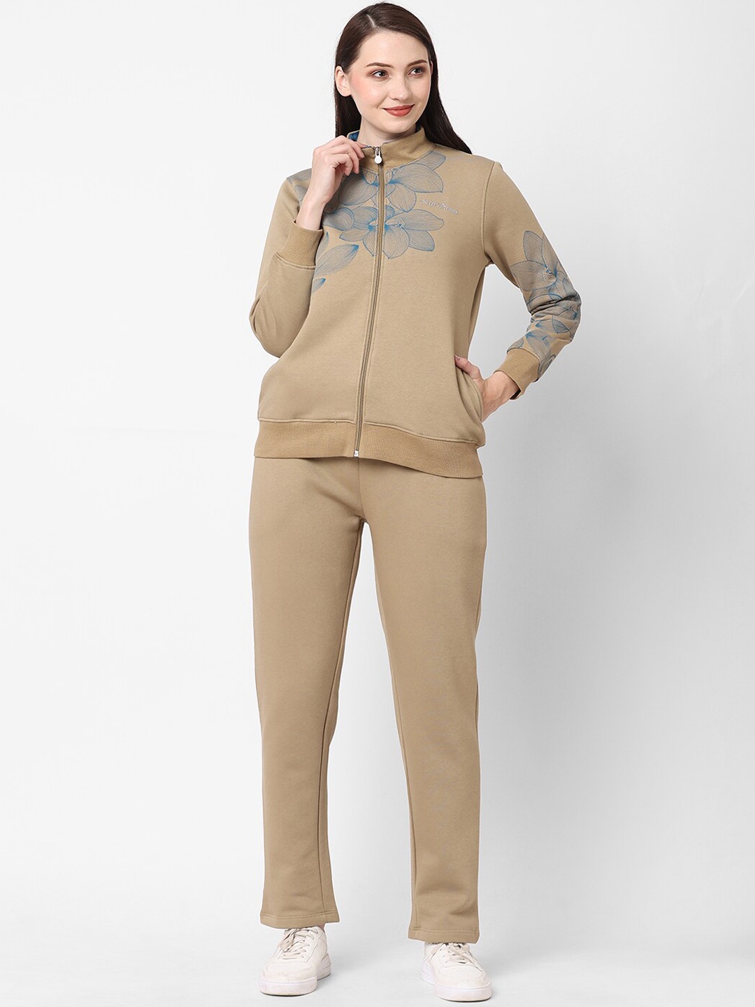 

Sweet Dreams Camel Brown Floral Printed Mock Collar Tracksuits