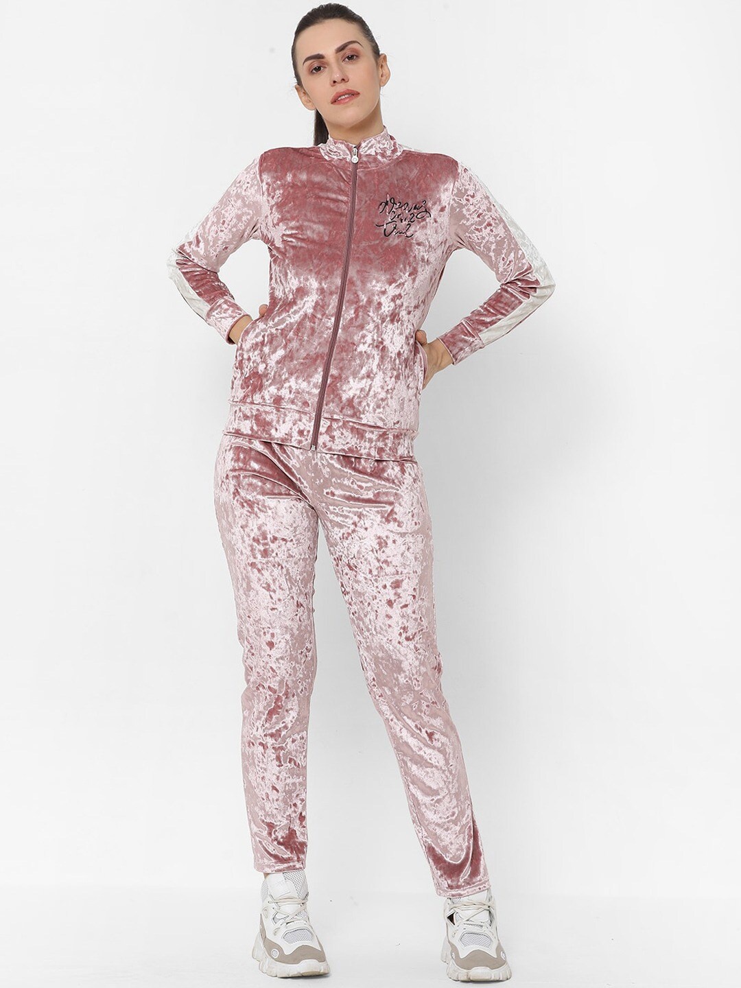 

Sweet Dreams Self Design Mock Collar Sweatshirt With Trouser, Pink