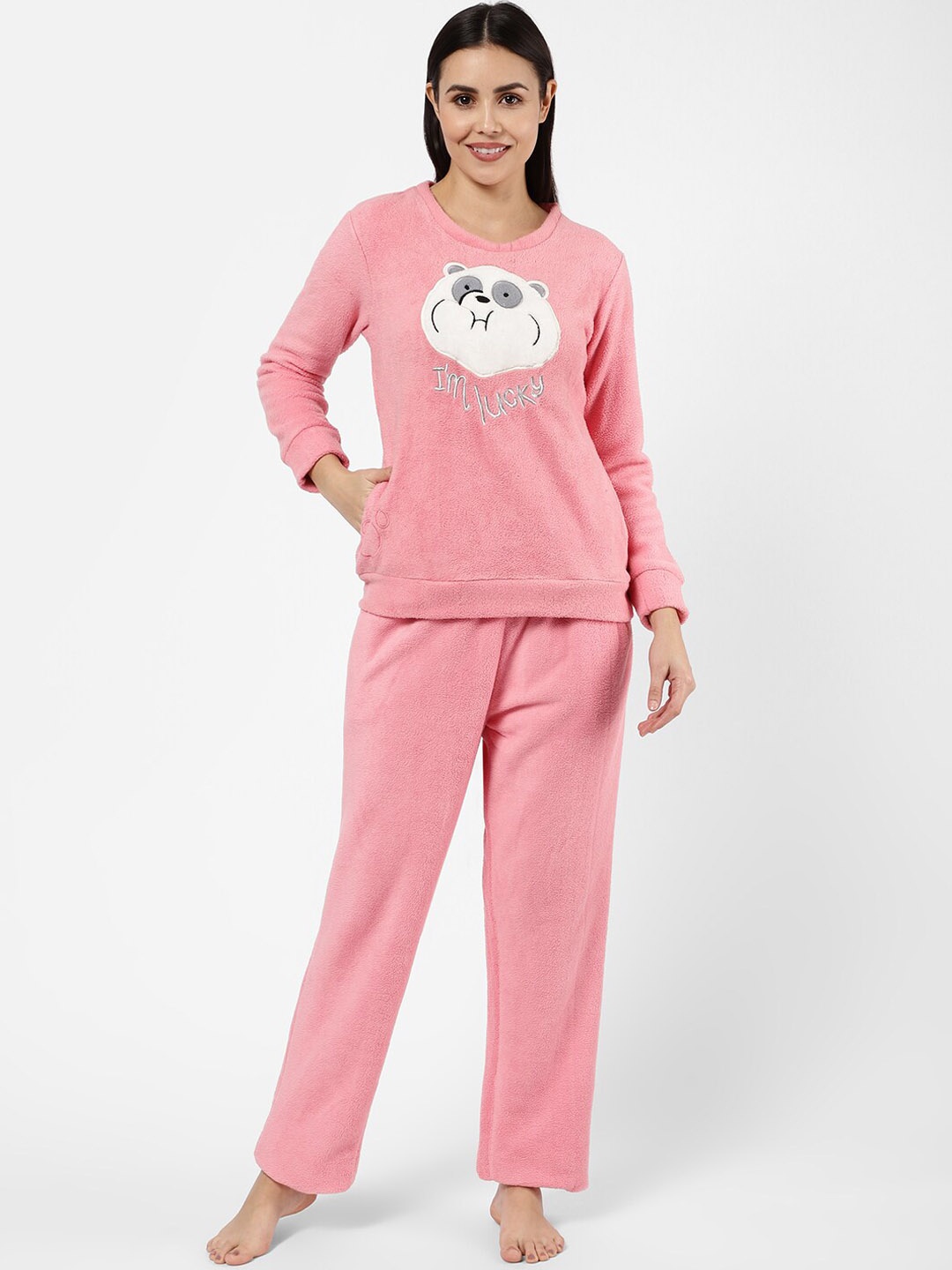 

Sweet Dreams Pink Self Design Fleece Night Suits