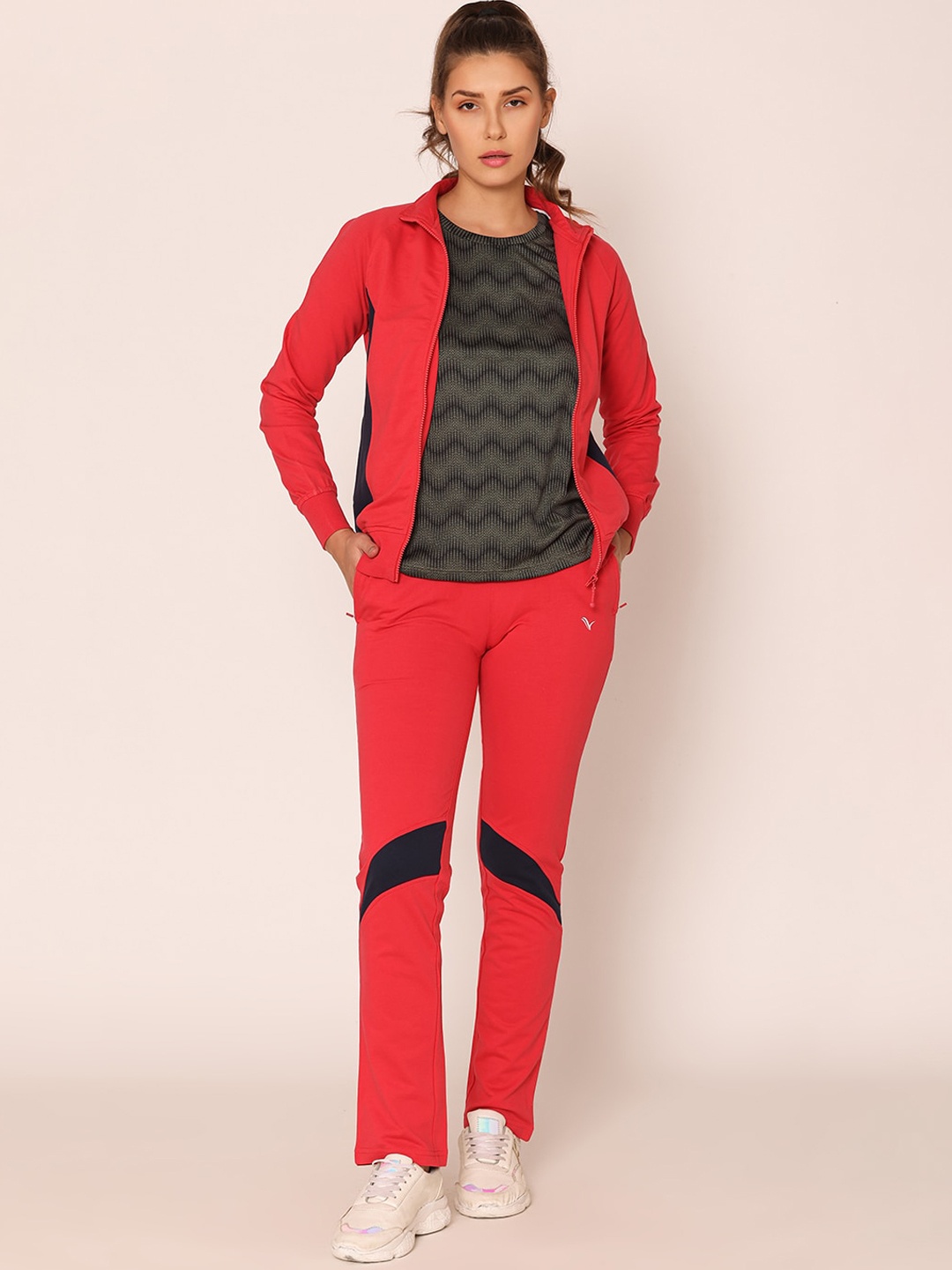 

Bonjour Open Front Colorblocked Cotton Athleisure Tracksuit, Red