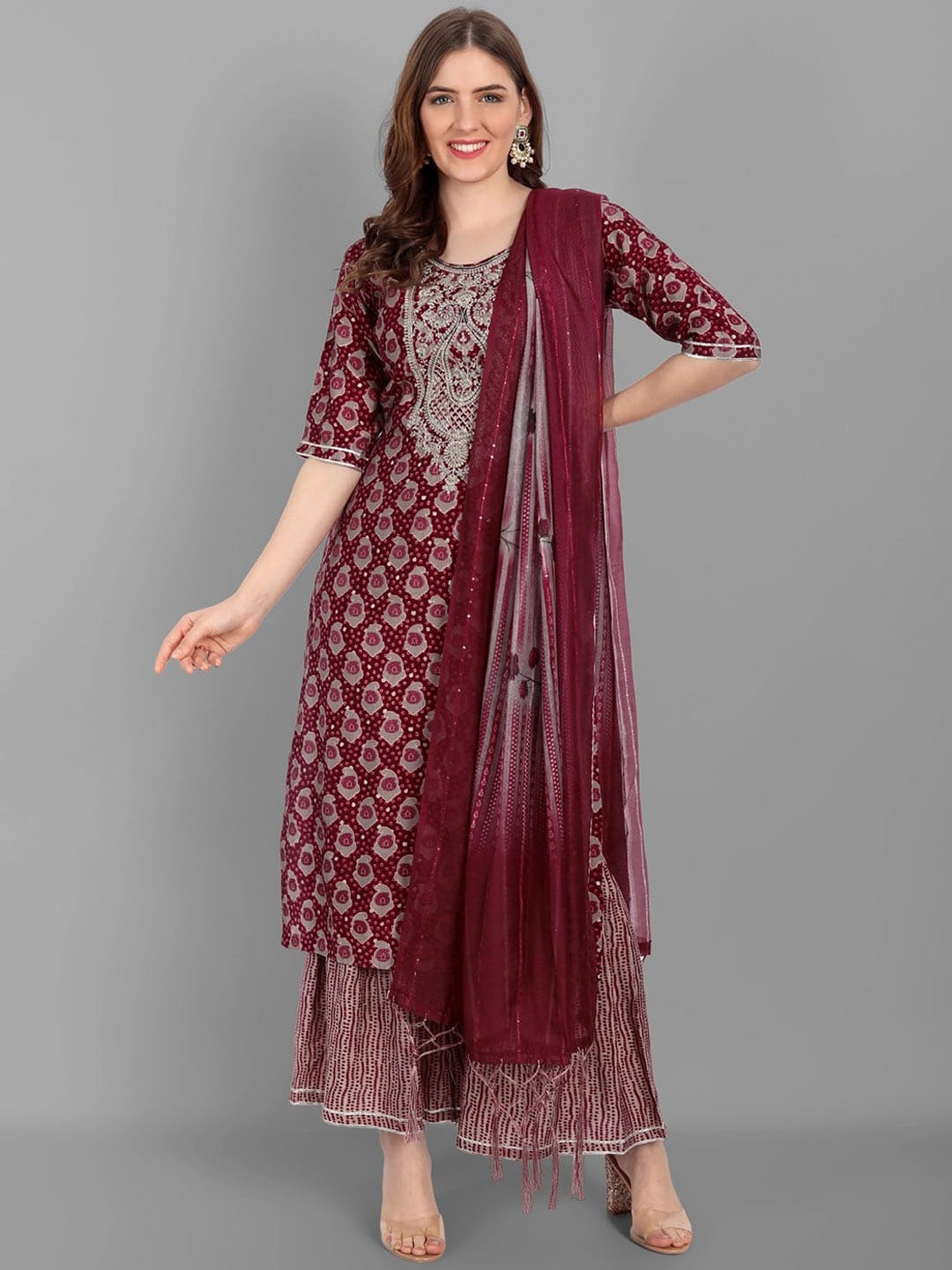 

KALINI Ethnic Motifs Printed Thread Work Straight Kurta & Sharara With Dupatta, Maroon