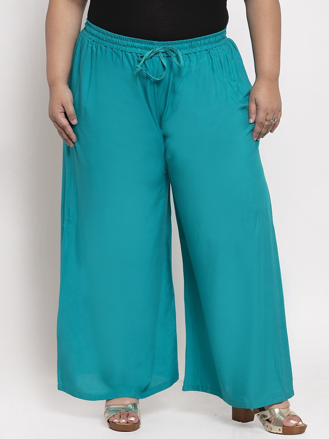 

TAG 7 Women Plus Size Mid-Rise Wide Leg Palazzos, Turquoise blue