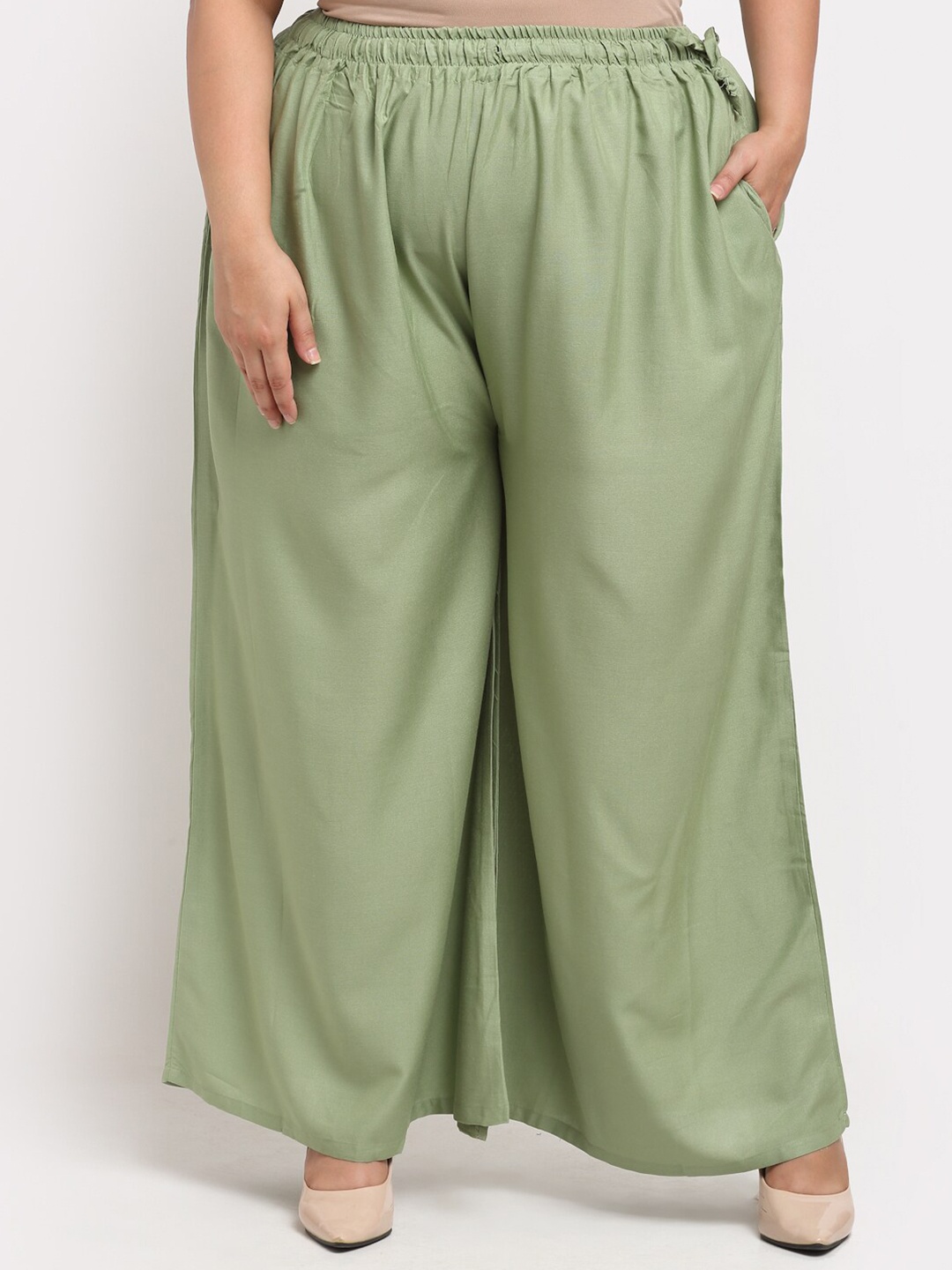 

TAG 7 Women Mid-Rise Wide Leg Ethnic Flared Palazzos, Green