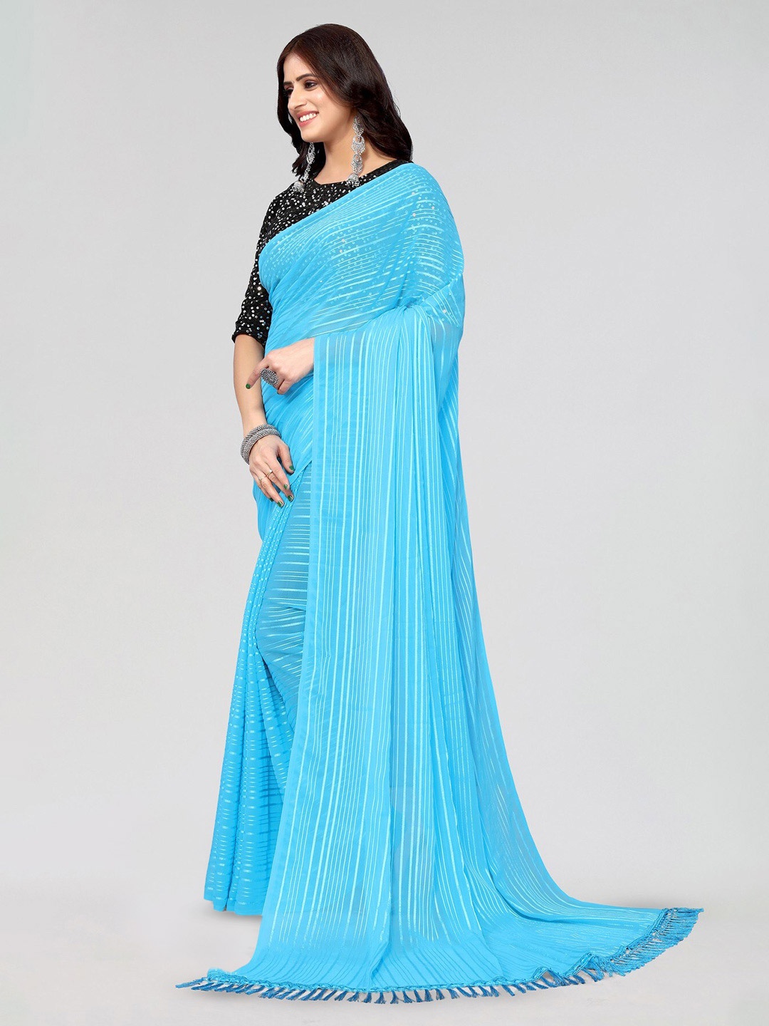 

KALINI Striped Sequinned Poly Georgette Saree, Blue