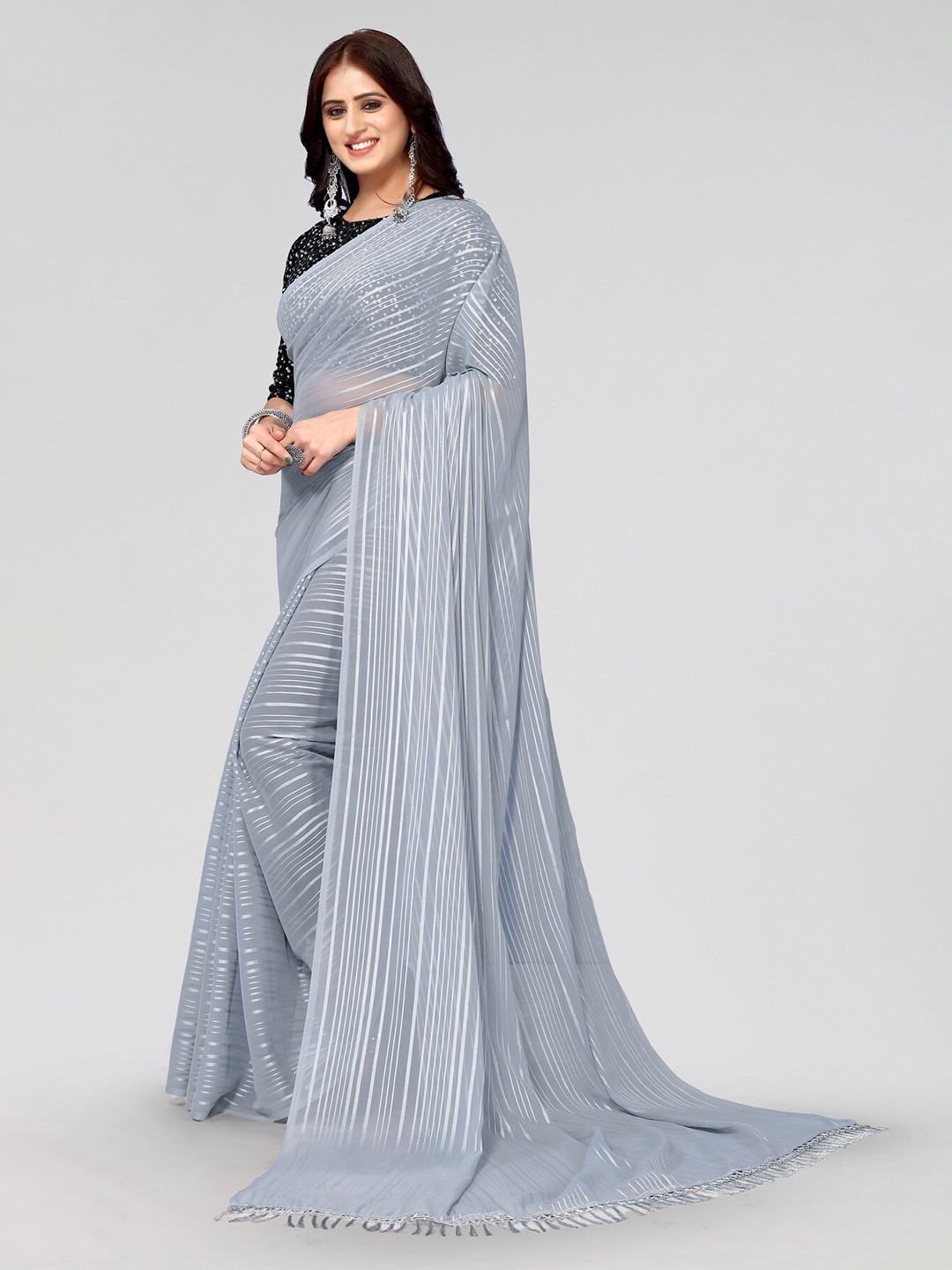 

KALINI Striped Sequinned Poly Georgette Saree, Grey