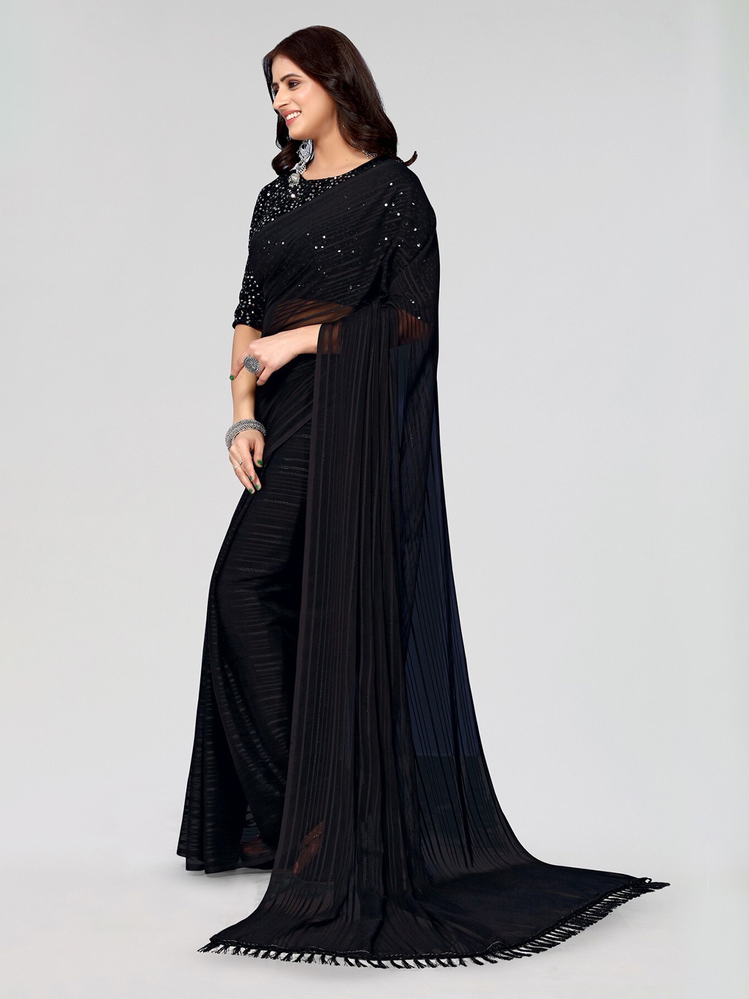 

KALINI Striped Sequinned Poly Georgette Saree, Black