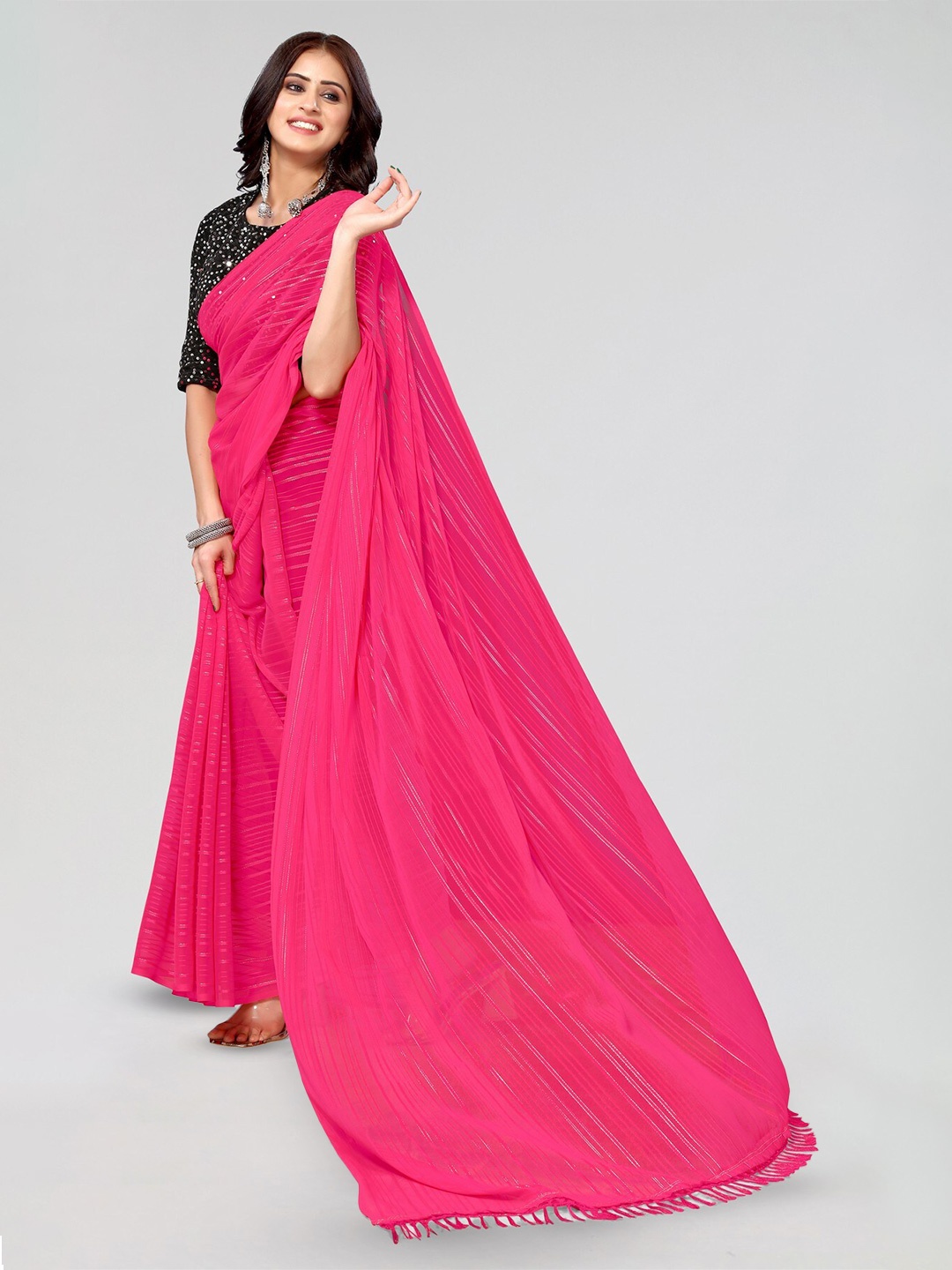 

KALINI Striped Sequinned Poly Georgette Saree, Pink