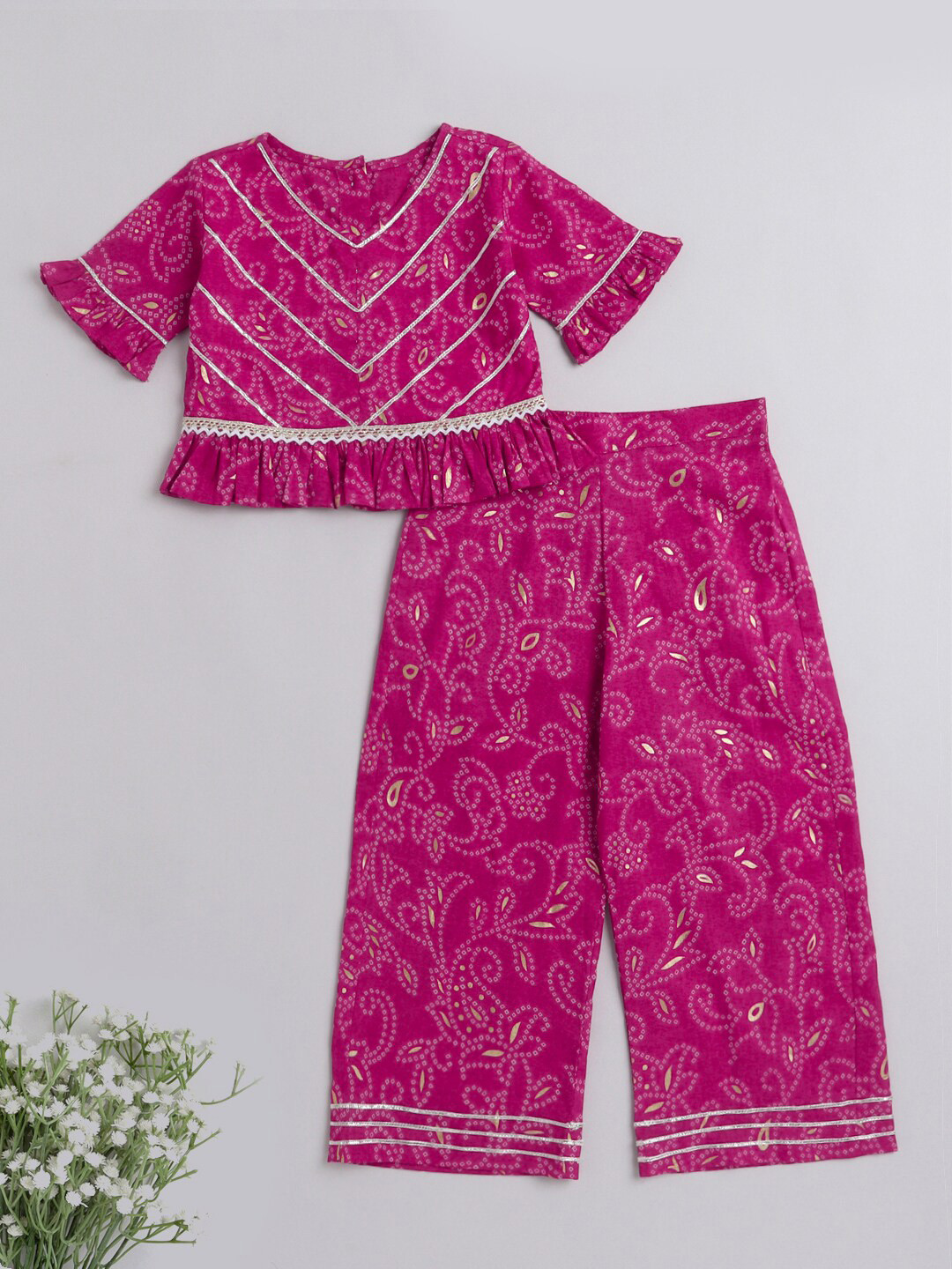 

The Magic Wand Girls Bandhani Printed Gotta Patti Pure Cotton Top With Palazzos, Fuchsia