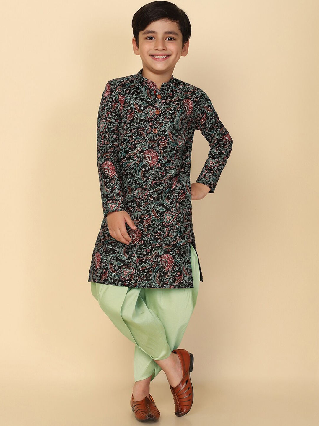 

KISAH Boys Floral Printed Mandarin Collar Kurta with Dhoti Pants, Black