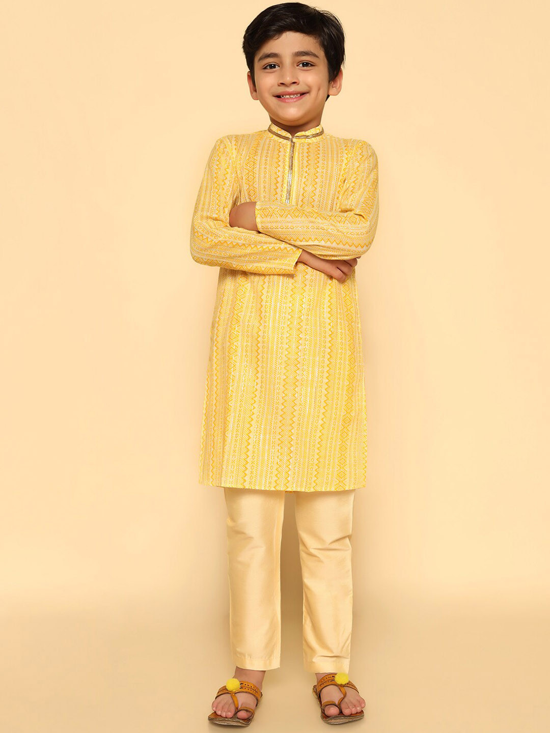 

KISAH Boys Striped Straight Kurta With Pyjamas, Yellow