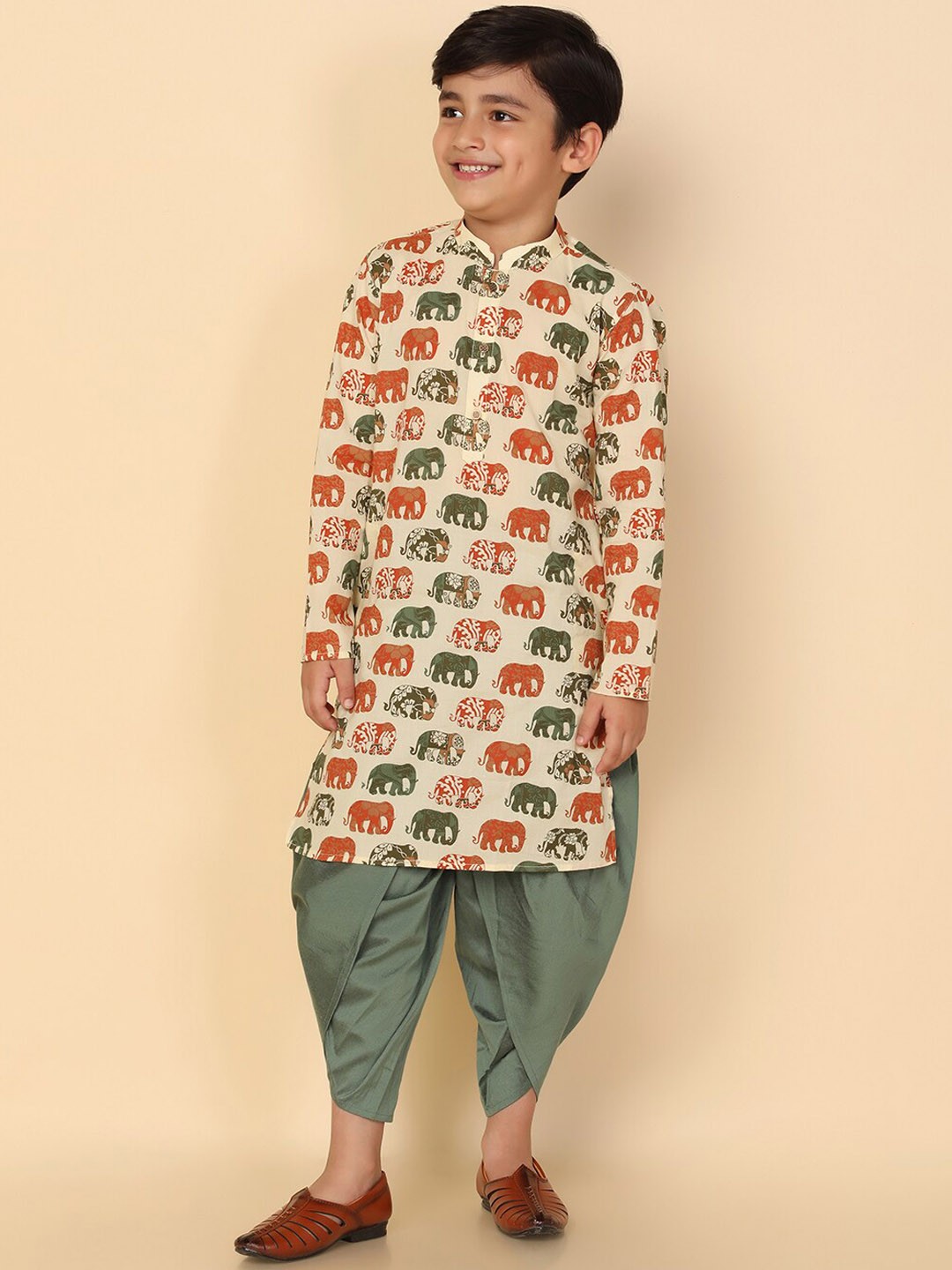 

KISAH Boys Ethnic Motifs Printed Regular Kurta With Dhoti Pants, Cream